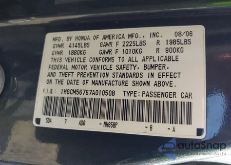 2007 Honda Accord 2.4 Ex z USA, uszkodzony, nr VIN 1HGCM56767A010508